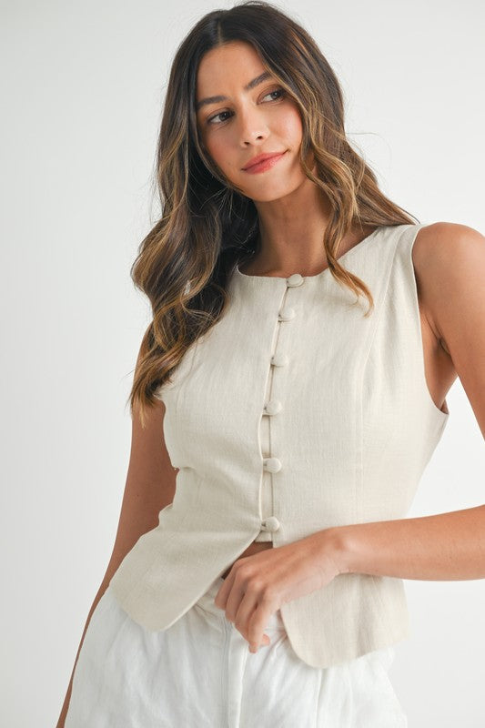 Linen Front Button Front Back Lace Up Vest