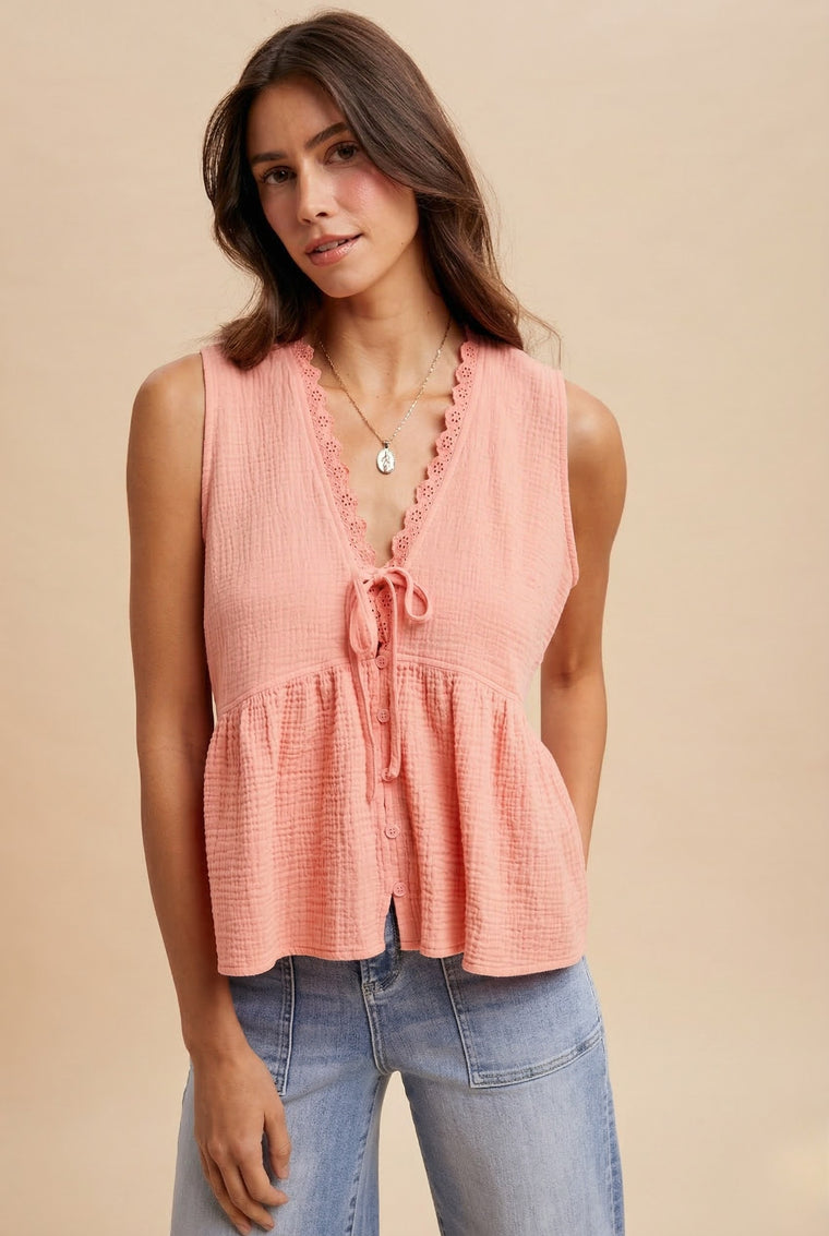 Sleeveless Button Front Top With Lace Trimmed