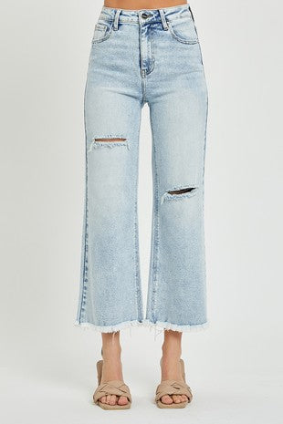 HI-RISE FRAYED ANKLE WIDE JEANS