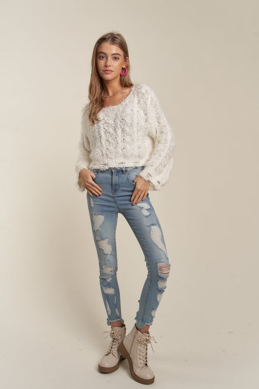 BOAT NECK POPCORN FUZZY SWEATER CROP TOP WITH FRAYED EDGE