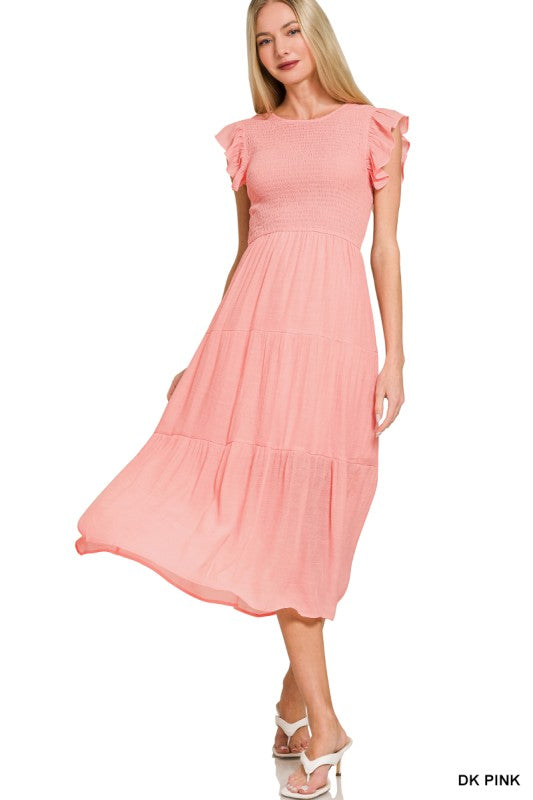 Woven Smocked Ruffle Sleeve Midi Dress