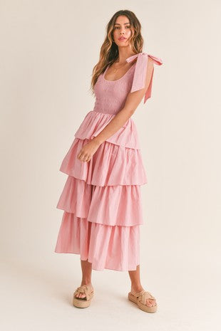 COTTON POPLIN SMOCKED BUST RUFFLE TIER MIDI DRESS