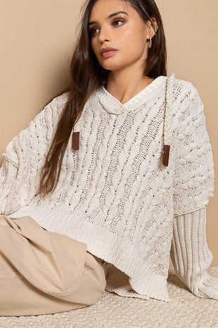 Hooded v-neck rib weave sleeves pullover sweater
