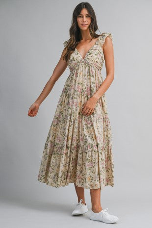 Floral Print Ruched Pleated Detail Midi Dress
