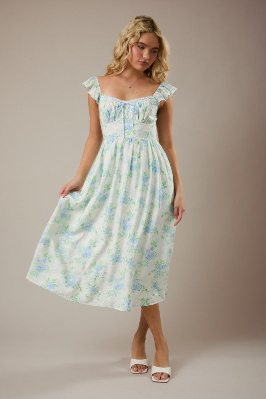 Short Flutter Sleeve Midi Dress With Floral Print