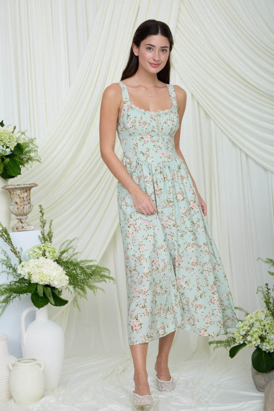 Floral Lace Trim Corset Sleeveless Midi Dress