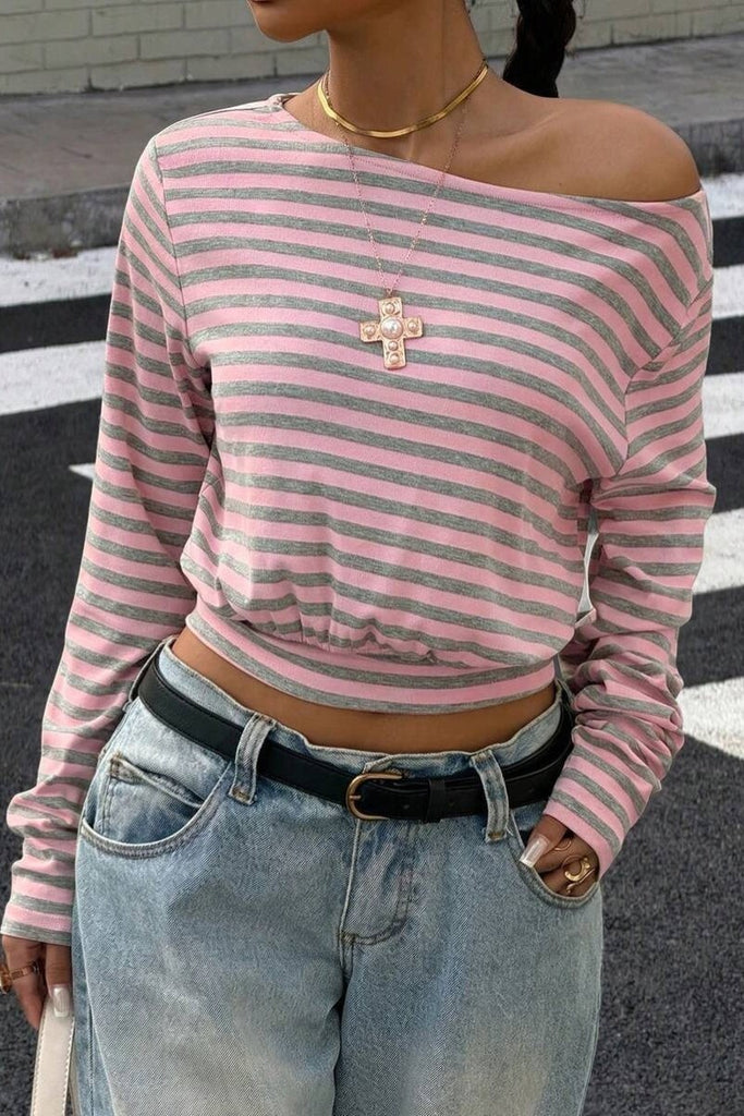 Ribbed Striped Off Shoulder Long Sleeve Crop Top