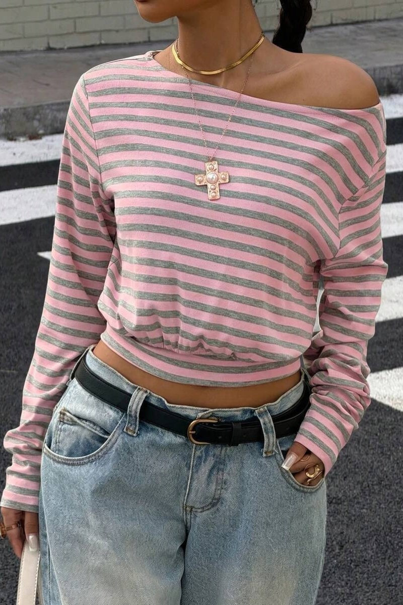 Ribbed Striped Off Shoulder Long Sleeve Crop Top