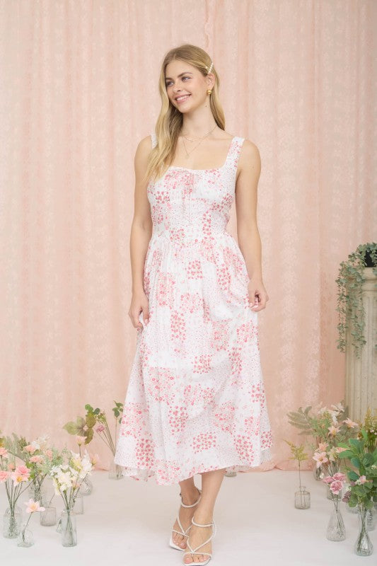 Floral Sleeveless Corset Front Tie Midi Dress