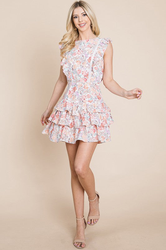 Floral Printed Backless Ruffle Tiered Swing Dress