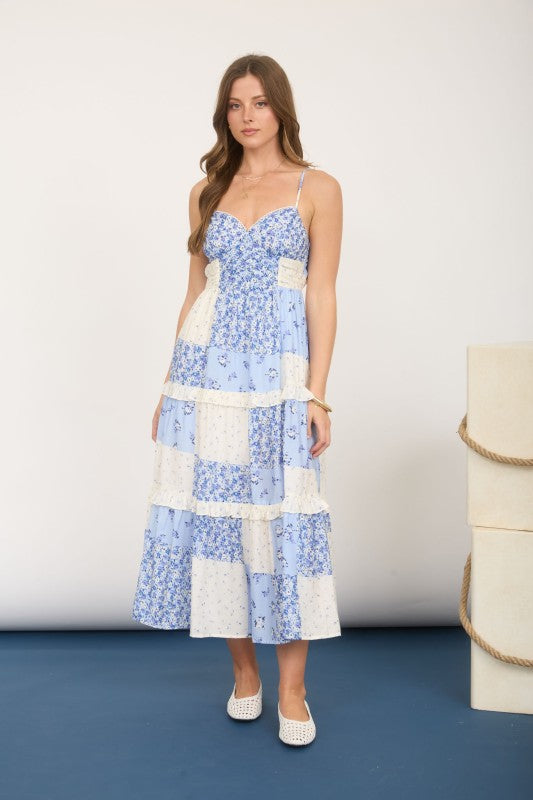 Multi-checkered Pattern Spaghetti Strap Midi Dress