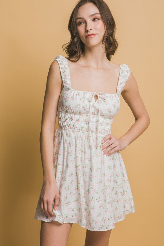 Floral Print Elastic Waist N Back Mini Dress