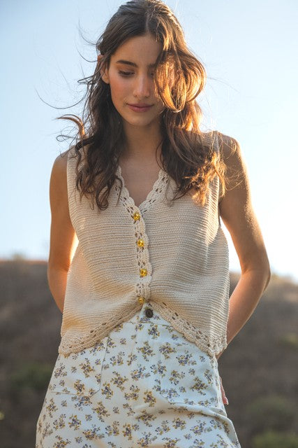 Crochet Trimmed Button Down Sweater Vest