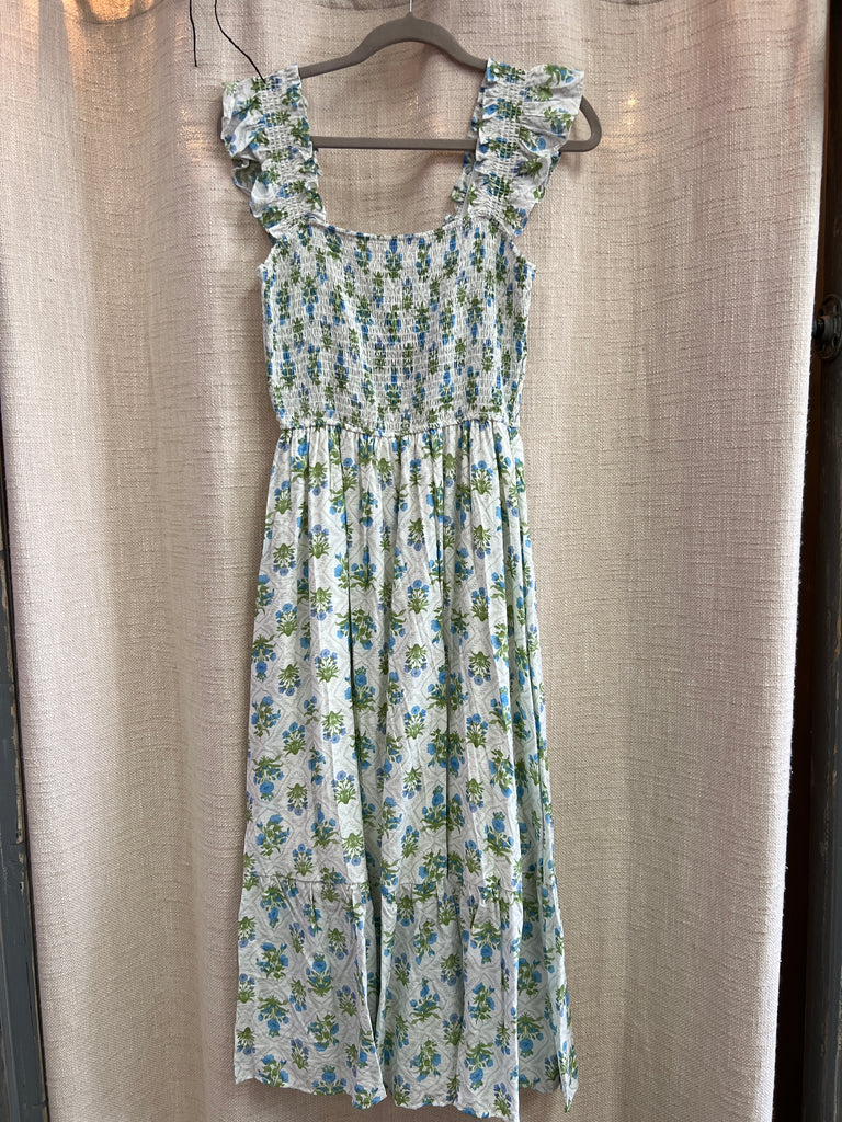 Floral Tile Pattern Smocked Sleeveless Midi Dress