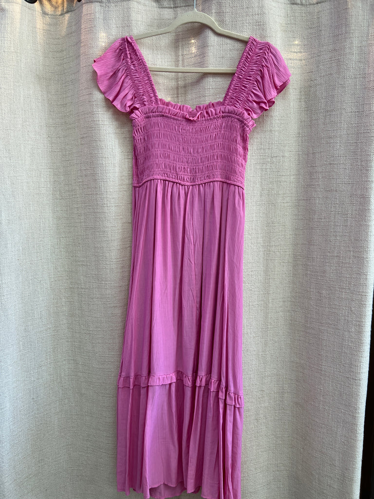 Mock Button Down Smocked Ruffle Detail Midi Dress