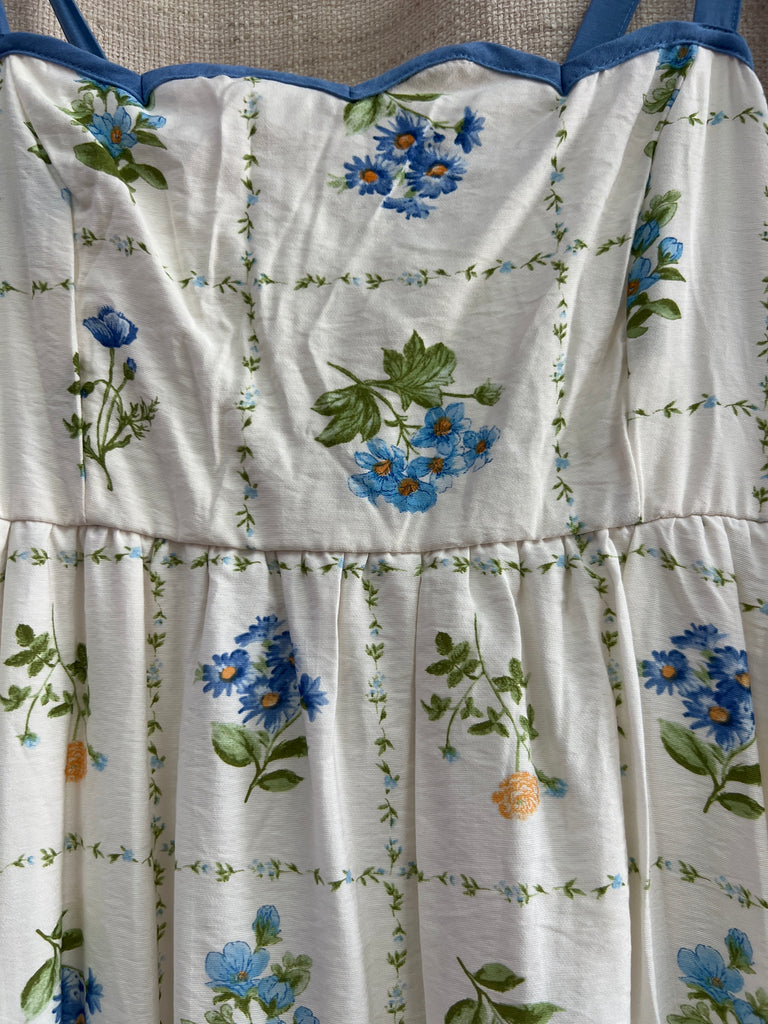 Floral Tile Pattern Scalloped Tie Strap Midi Dress