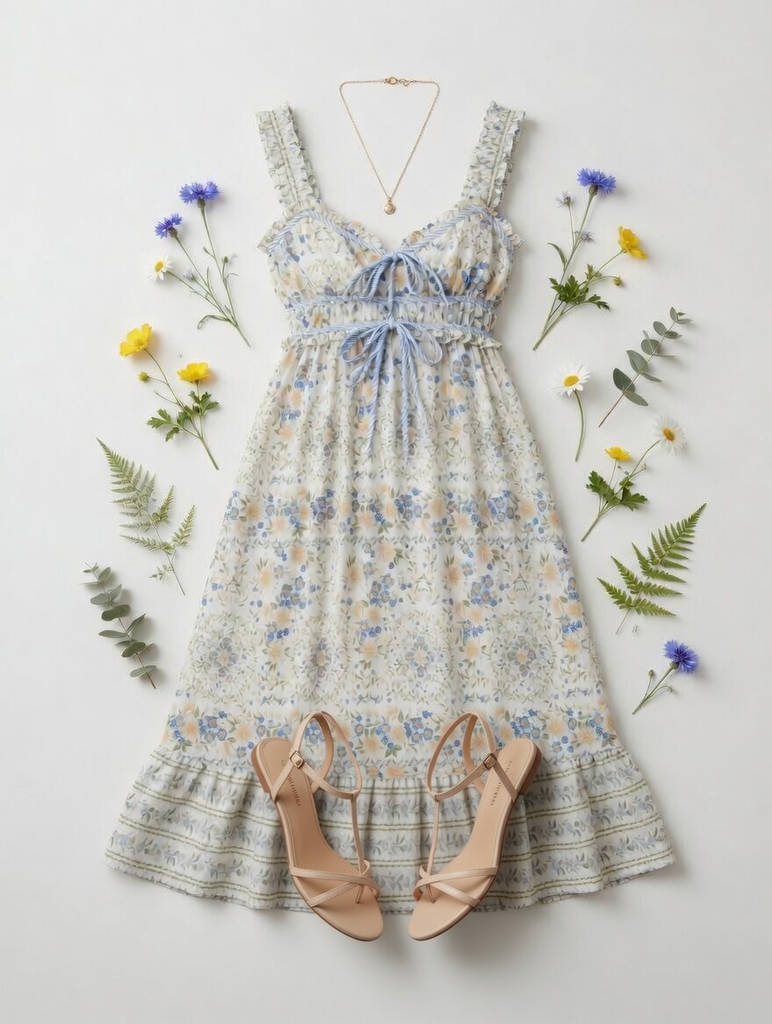 Border Floral Sleeveless Front Tie Midi Dress