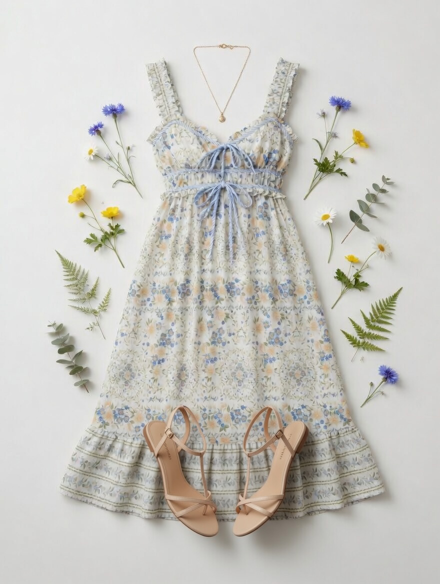 Border Floral Sleeveless Front Tie Midi Dress