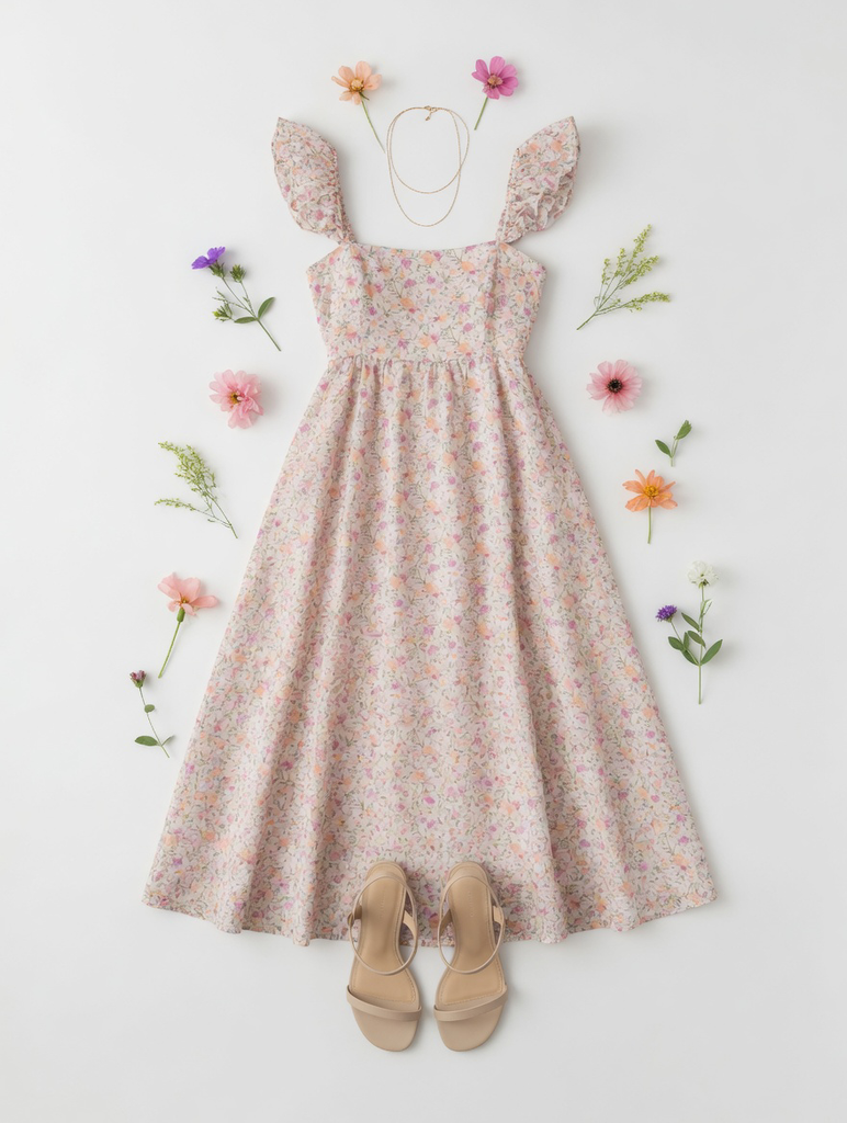 Floral Ruffle Strap Midi Dress
