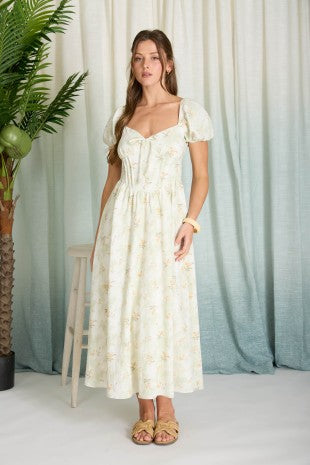 Floral Sweetheart Puff Sleeve Corset Midi Dress
