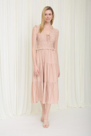 Smocked Front Tie Ruffle Detail Tiered Midi Dress