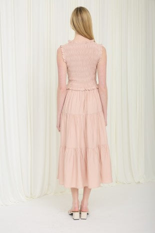 Smocked Front Tie Ruffle Detail Tiered Midi Dress