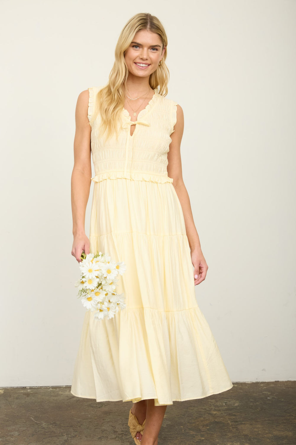 Smocked Front Tie Ruffle Detail Tiered Midi Dress