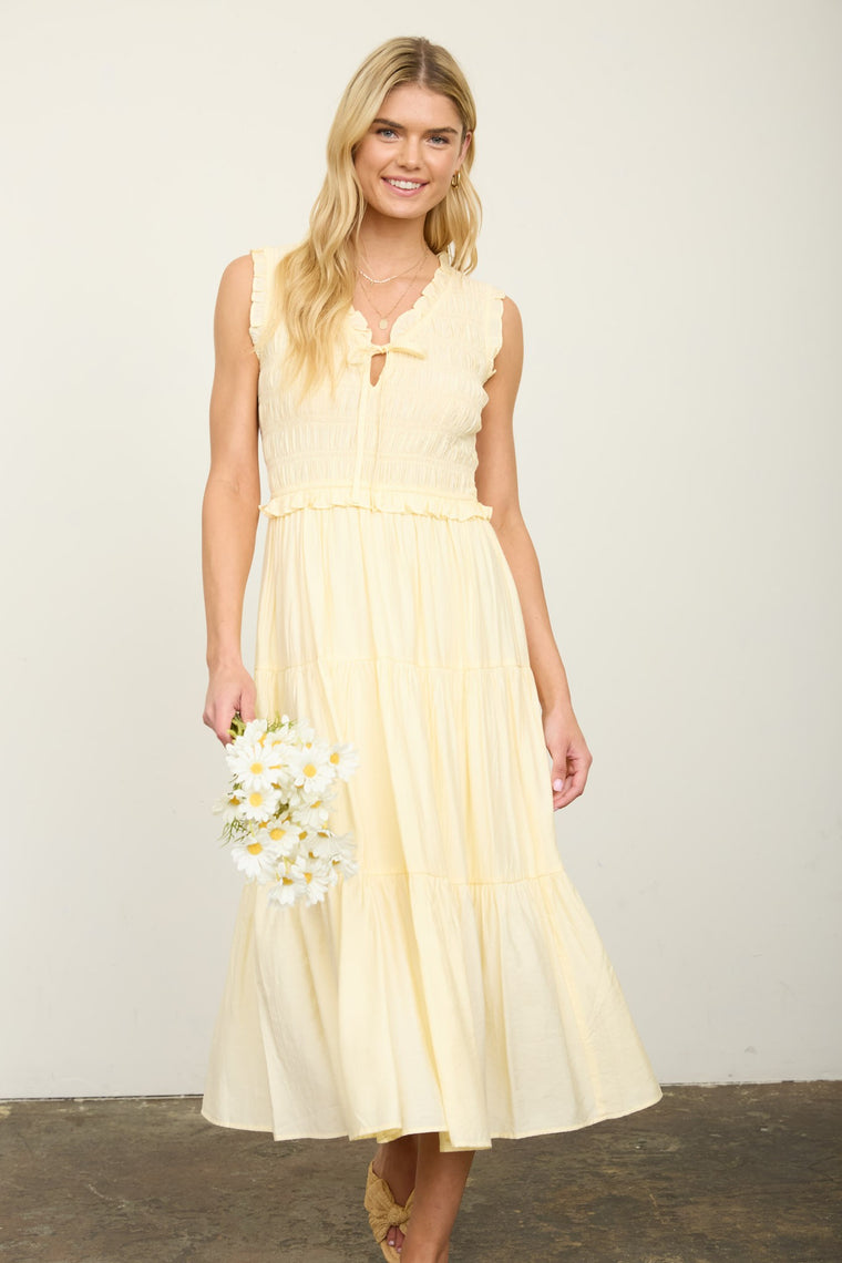 Smocked Front Tie Ruffle Detail Tiered Midi Dress
