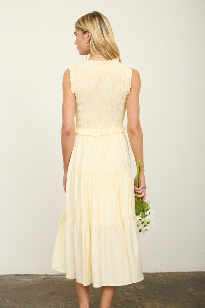 Smocked Front Tie Ruffle Detail Tiered Midi Dress
