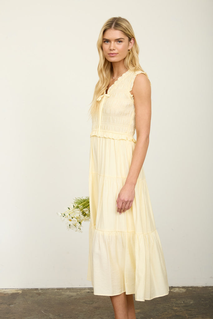 Smocked Front Tie Ruffle Detail Tiered Midi Dress