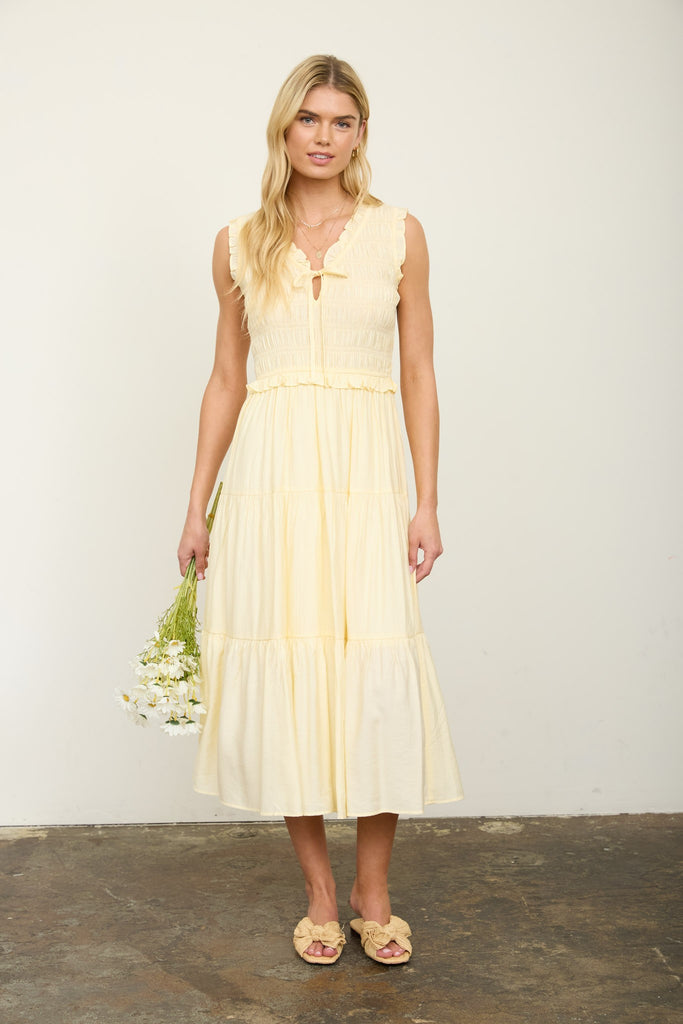 Smocked Front Tie Ruffle Detail Tiered Midi Dress