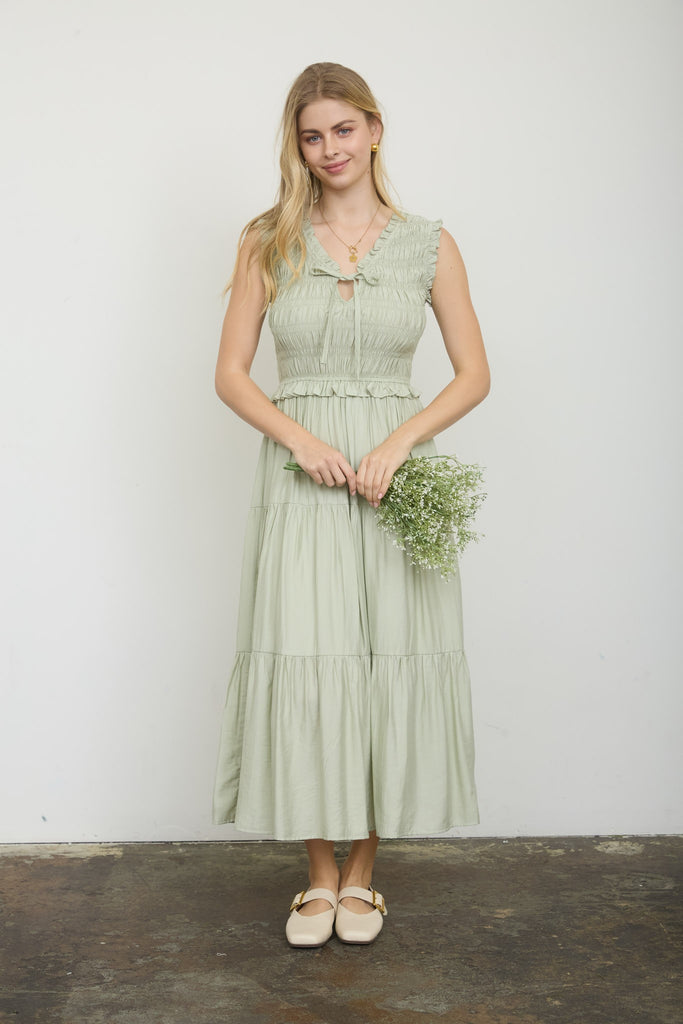 Smocked Front Tie Ruffle Detail Tiered Midi Dress