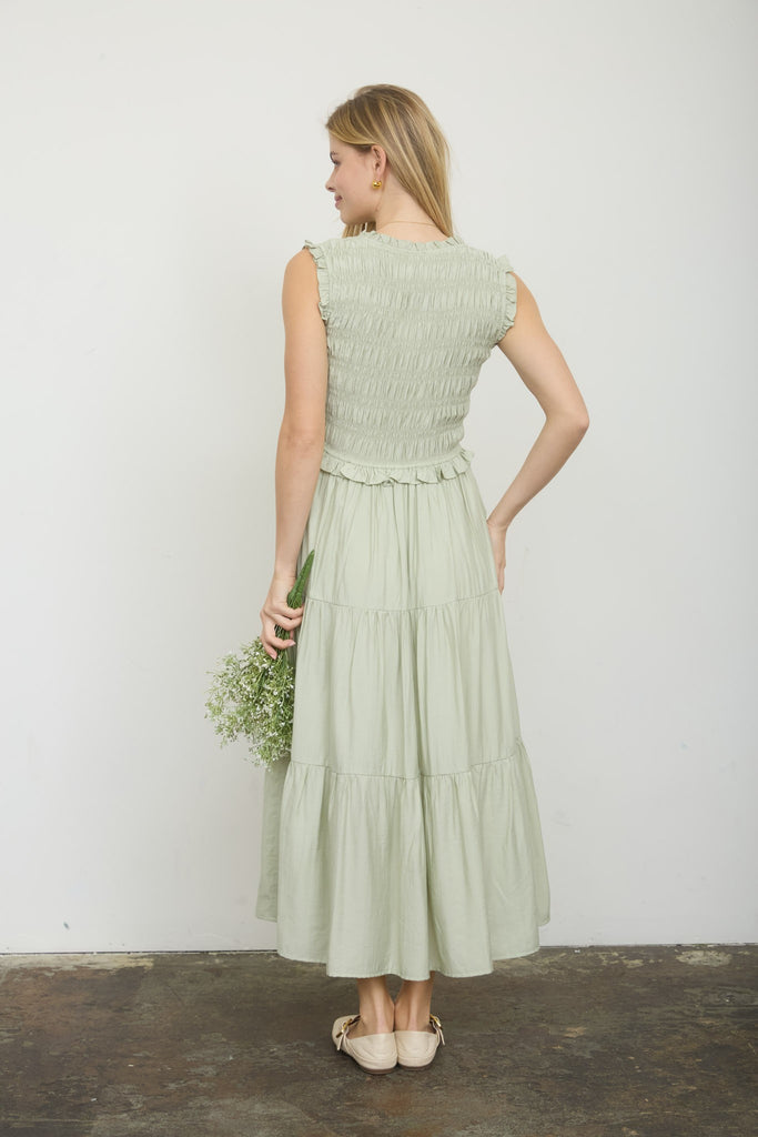 Smocked Front Tie Ruffle Detail Tiered Midi Dress