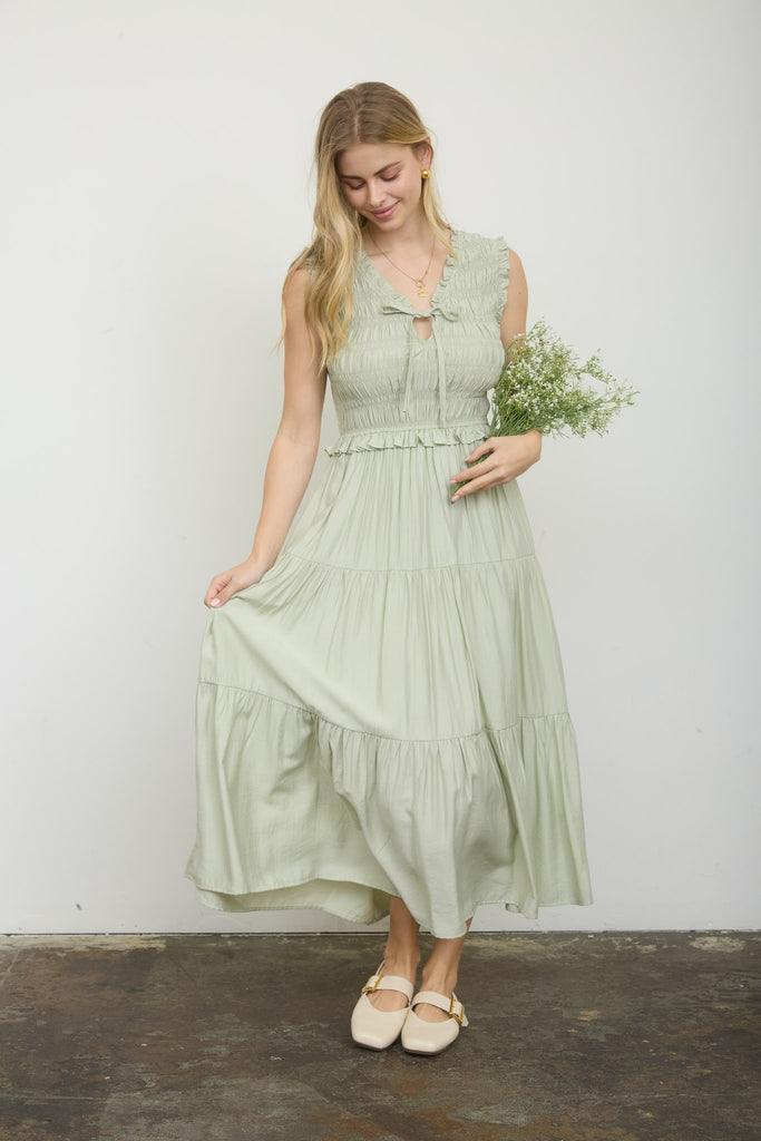Smocked Front Tie Ruffle Detail Tiered Midi Dress