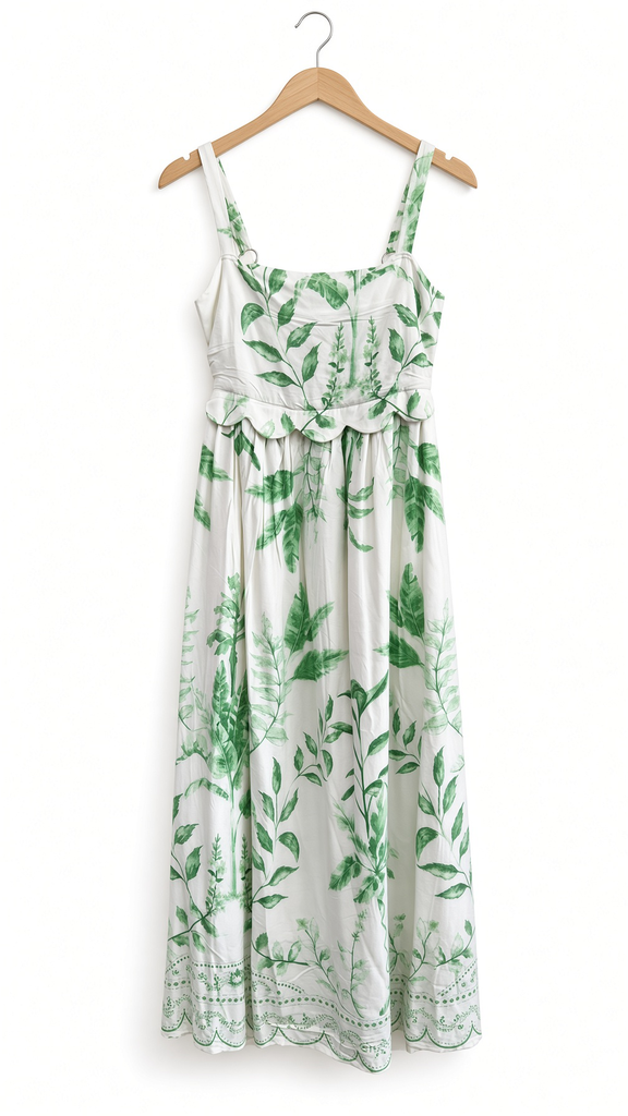 Leaf Print Scallop Detail Sleeveless Midi Dress