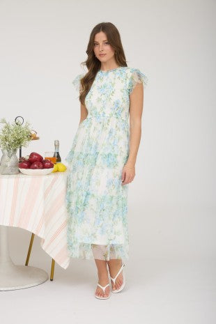 Floral Tulle Pattern Smocked Tiered Midi Dress