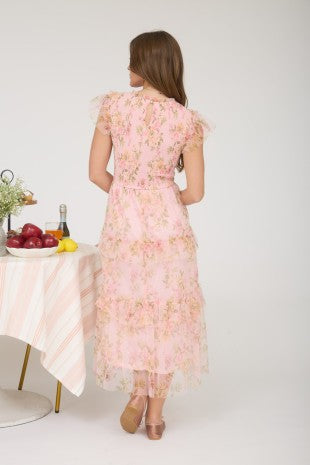 Floral Tulle Pattern Smocked Tiered Midi Dress