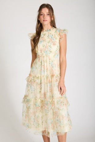 Floral Tulle Pattern Smocked Tiered Midi Dress