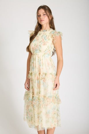 Floral Tulle Pattern Smocked Tiered Midi Dress