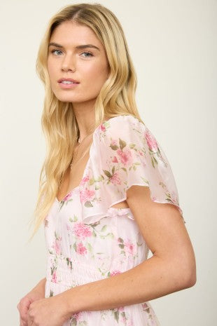 Floral Chiffon Flounce Sleeve Shirred Midi Dress