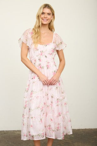 Floral Chiffon Flounce Sleeve Shirred Midi Dress