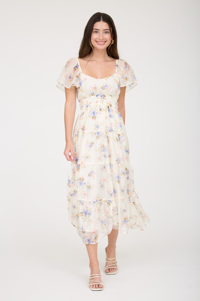 Floral Chiffon Flounce Sleeve Shirred Midi Dress