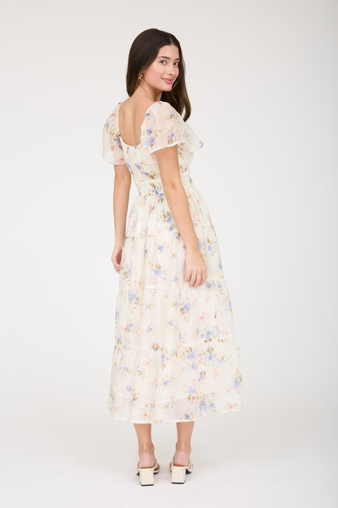 Floral Chiffon Flounce Sleeve Shirred Midi Dress