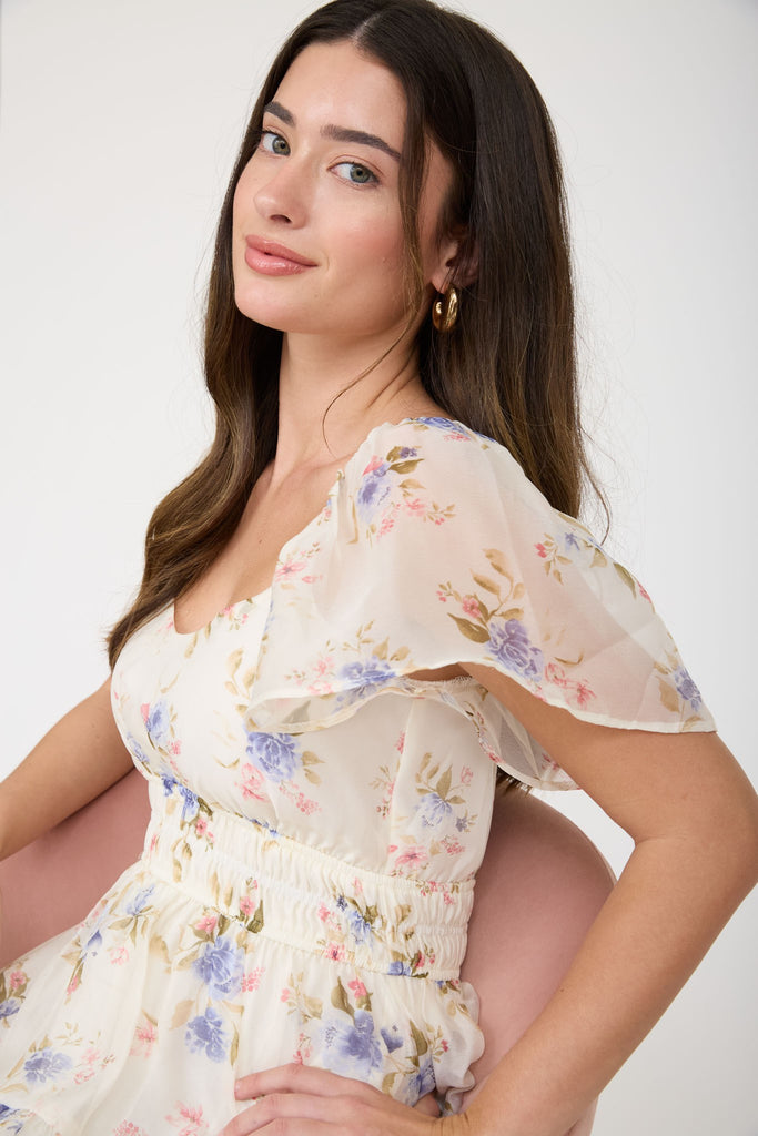 Floral Chiffon Flounce Sleeve Shirred Midi Dress