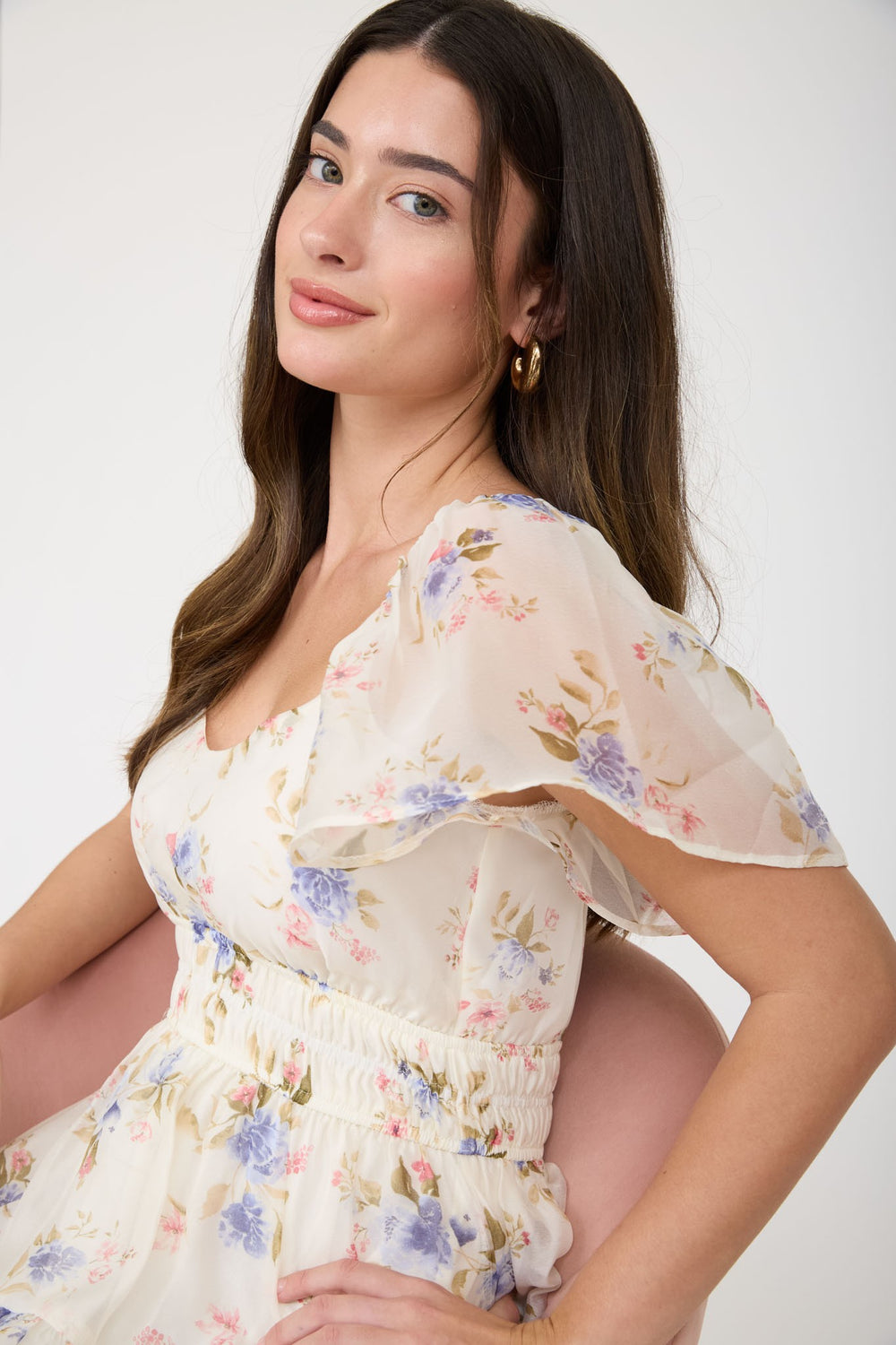 Floral Chiffon Flounce Sleeve Shirred Midi Dress