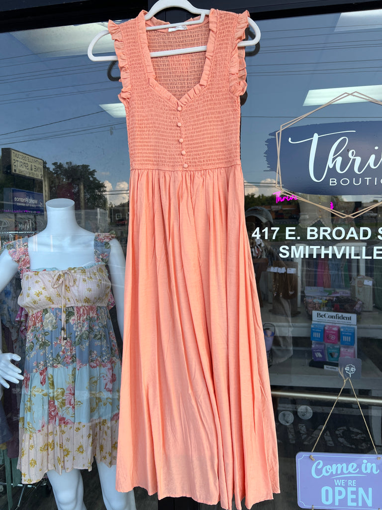 Sweetheart Smocked Mock Button Midi Dress
