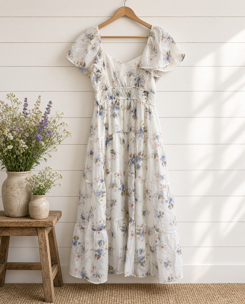 Floral Chiffon Flounce Sleeve Shirred Midi Dress