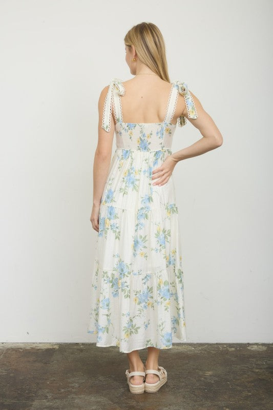 Floral Tie Strap With Scallop Lace Trim Midi Dress
