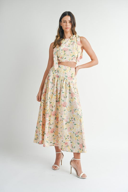 FLORAL SHOULDER RIBBON TOP AND MIDI SKIRT SET