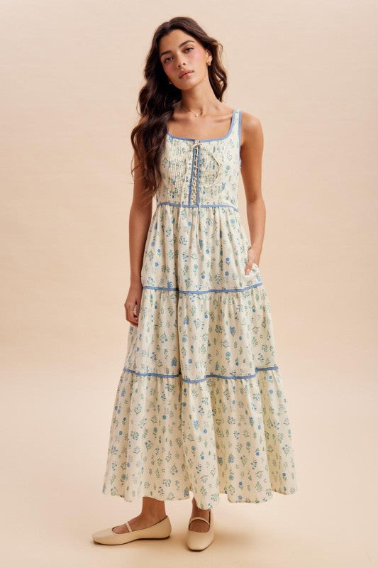 Cotton Floral Lace Up Maxi Dress